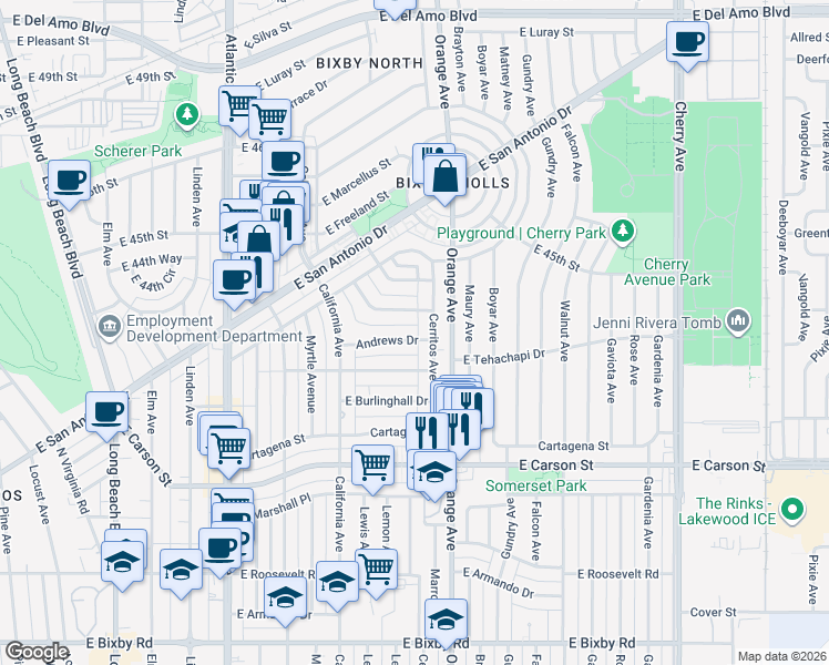 map of restaurants, bars, coffee shops, grocery stores, and more near 4415 Cerritos Avenue in Long Beach