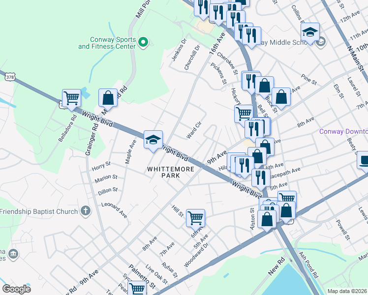 map of restaurants, bars, coffee shops, grocery stores, and more near 1715 Ward Circle in Conway