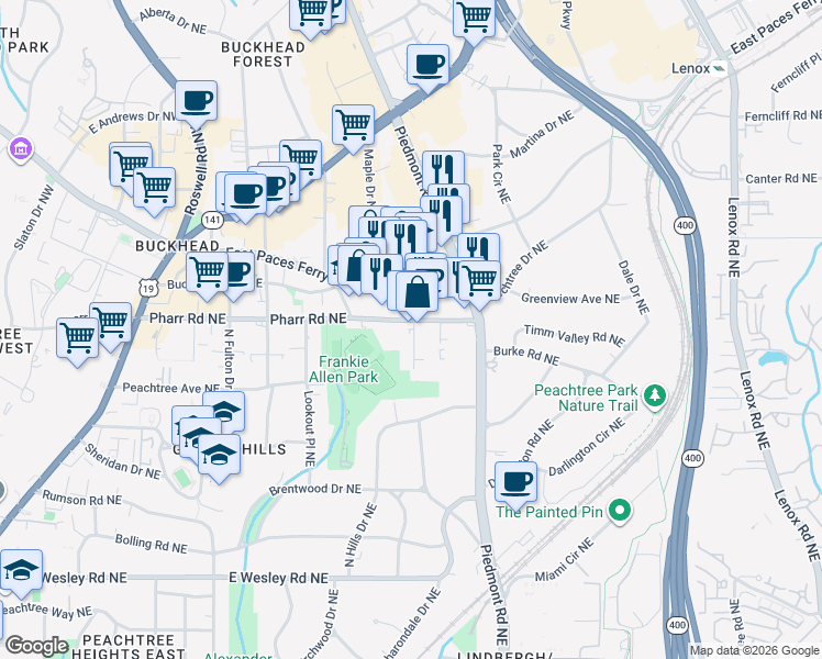 map of restaurants, bars, coffee shops, grocery stores, and more near 540 Pharr Road Northeast in Atlanta