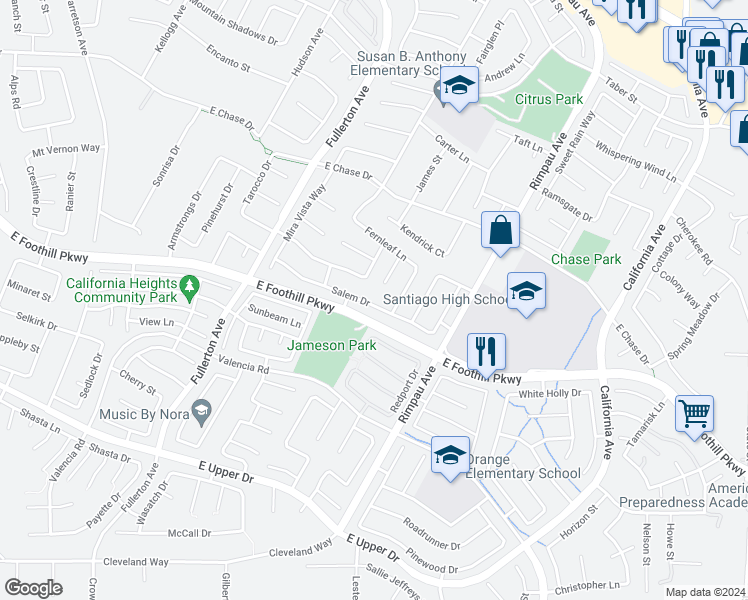 map of restaurants, bars, coffee shops, grocery stores, and more near 1169 Salem Drive in Corona