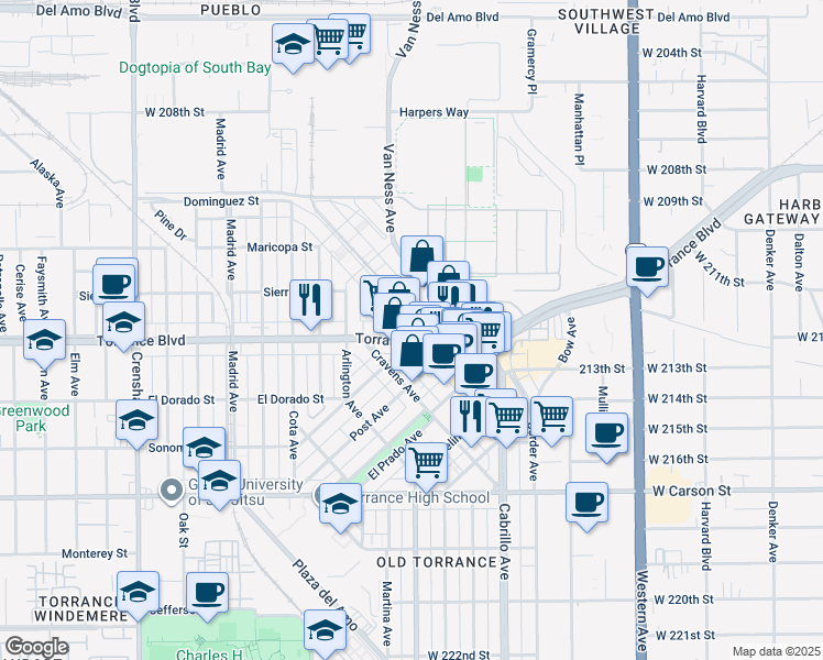 map of restaurants, bars, coffee shops, grocery stores, and more near 2055 Torrance Boulevard in Torrance