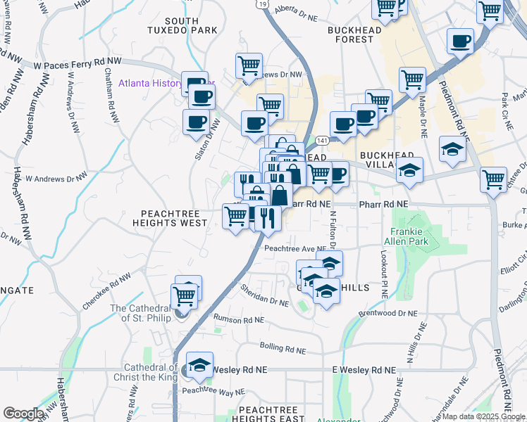 map of restaurants, bars, coffee shops, grocery stores, and more near 3002 Peachtree Road in Atlanta