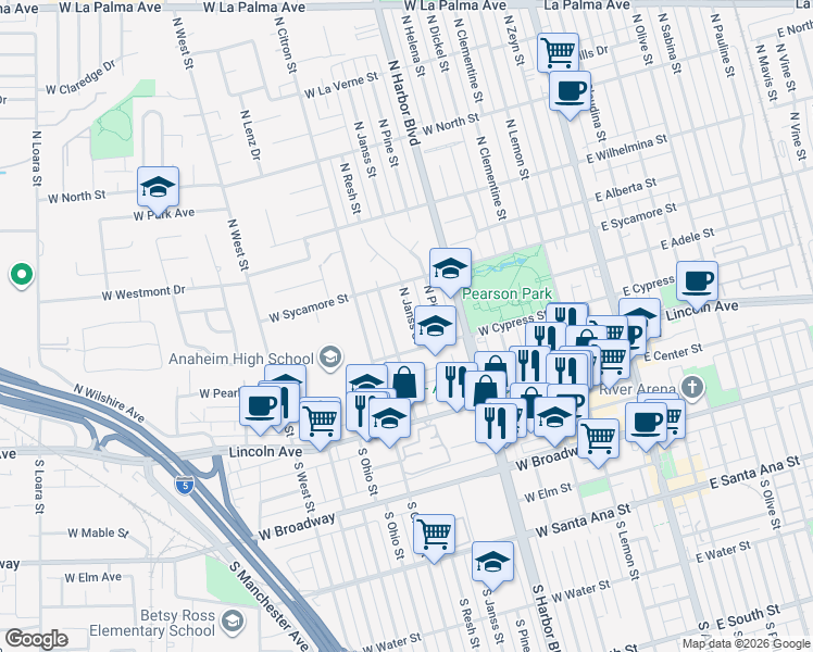 map of restaurants, bars, coffee shops, grocery stores, and more near 323 North Janss Street in Anaheim