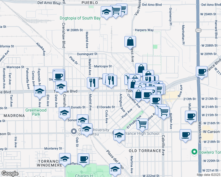 map of restaurants, bars, coffee shops, grocery stores, and more near 1104 Portola Avenue in Torrance