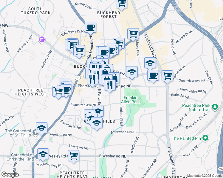 map of restaurants, bars, coffee shops, grocery stores, and more near 344 Pharr Road Northeast in Atlanta