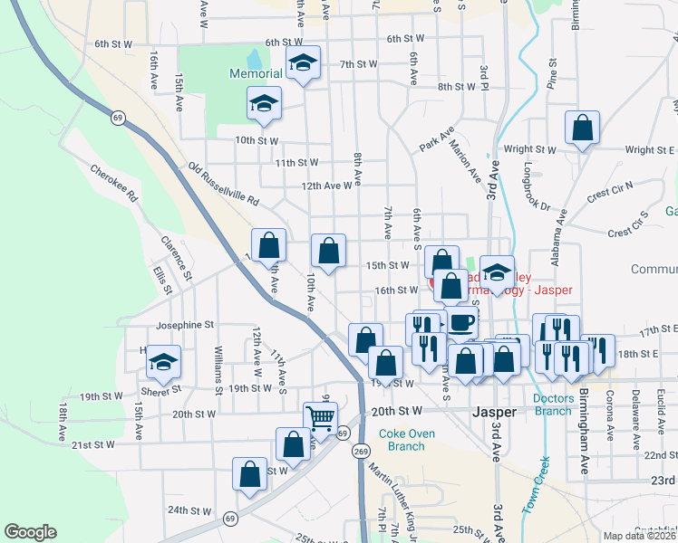 map of restaurants, bars, coffee shops, grocery stores, and more near 1401-1505 9th Avenue in Jasper