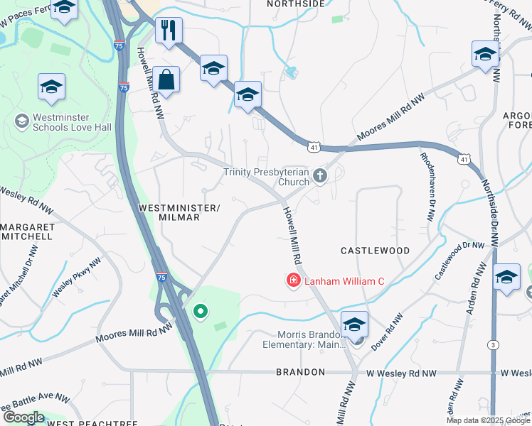 map of restaurants, bars, coffee shops, grocery stores, and more near 1074 Moores Mill Road Northwest in Atlanta