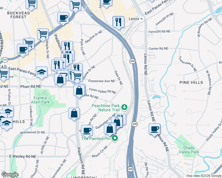 map of restaurants, bars, coffee shops, grocery stores, and more near 672 Timm Valley Road Northeast in Atlanta