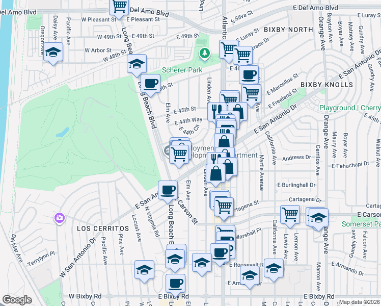 map of restaurants, bars, coffee shops, grocery stores, and more near 4336 Elm Avenue in Long Beach
