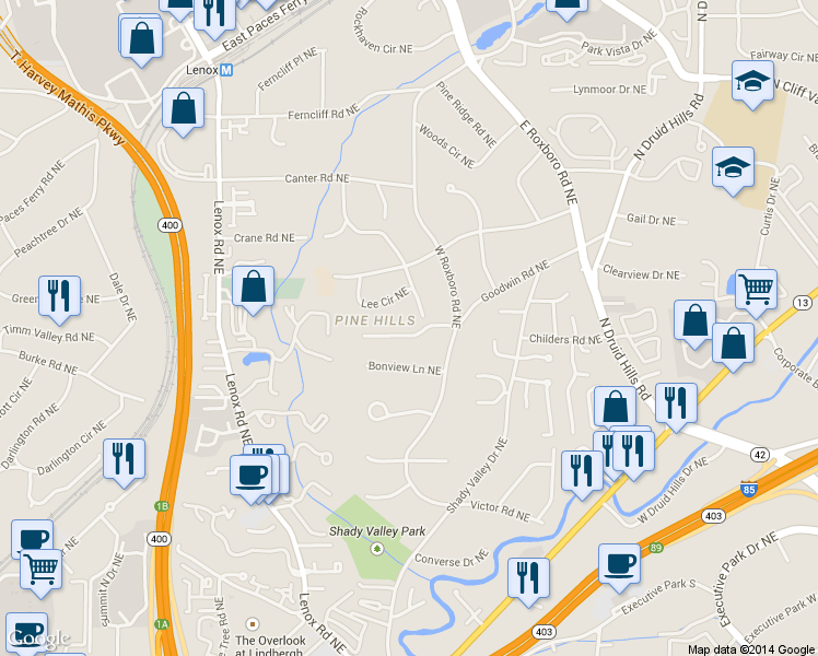 map of restaurants, bars, coffee shops, grocery stores, and more near 1152 Roxboro Pointe NE in Atlanta