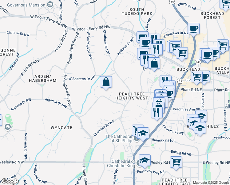 map of restaurants, bars, coffee shops, grocery stores, and more near 2983 Habersham Court Northwest in Atlanta