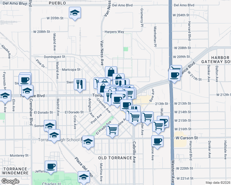 map of restaurants, bars, coffee shops, grocery stores, and more near 1108 Sartori Avenue in Torrance