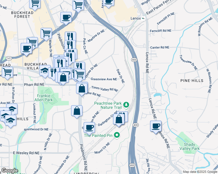 map of restaurants, bars, coffee shops, grocery stores, and more near 660 Timm Valley Road Northeast in Atlanta