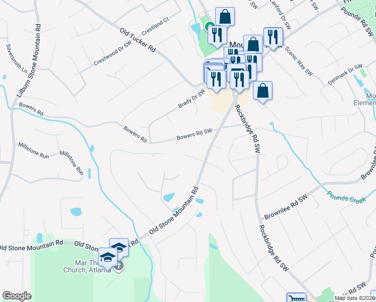 map of restaurants, bars, coffee shops, grocery stores, and more near 5591 Rebecca Court in Stone Mountain