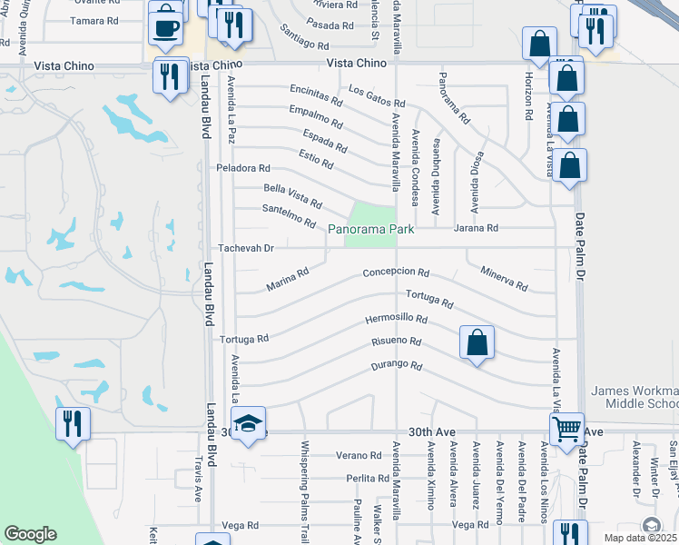 map of restaurants, bars, coffee shops, grocery stores, and more near 68370 Concepcion Road in Cathedral City