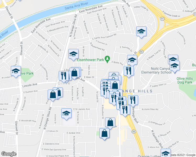 map of restaurants, bars, coffee shops, grocery stores, and more near 16742 East Main Street in Orange