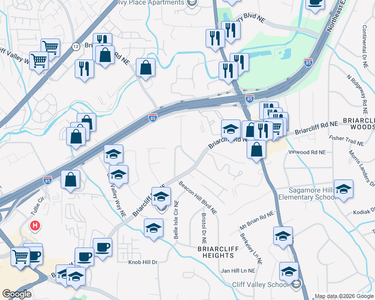 map of restaurants, bars, coffee shops, grocery stores, and more near 1845 Bruce Road Northeast in Atlanta