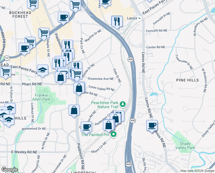 map of restaurants, bars, coffee shops, grocery stores, and more near 672 Timm Valley Road Northeast in Atlanta