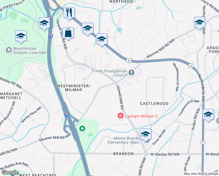 map of restaurants, bars, coffee shops, grocery stores, and more near 1068 Moores Mill Road Northwest in Atlanta