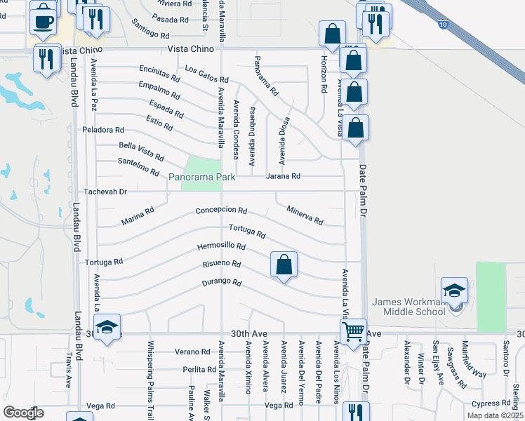 map of restaurants, bars, coffee shops, grocery stores, and more near 68700 Concepcion Road in Cathedral City