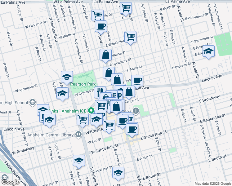 map of restaurants, bars, coffee shops, grocery stores, and more near 2 Anaheim Boulevard in Anaheim