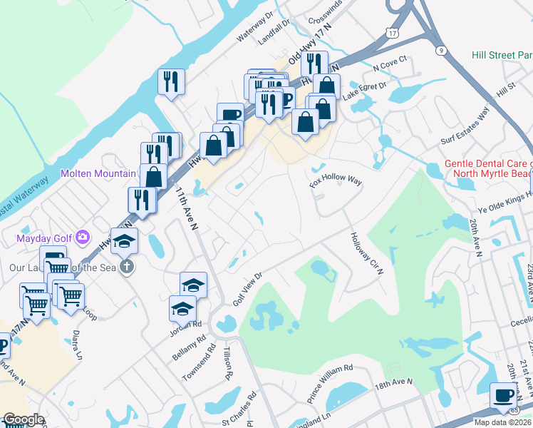 map of restaurants, bars, coffee shops, grocery stores, and more near 941 Villa Drive in North Myrtle Beach