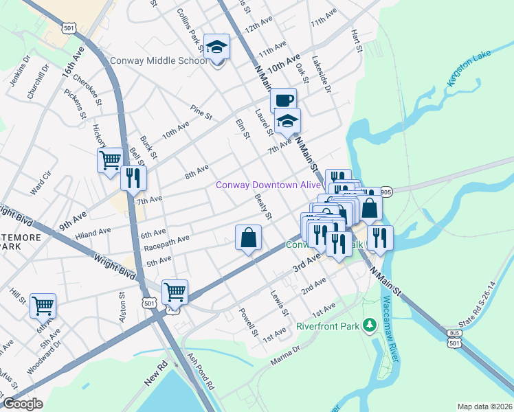 map of restaurants, bars, coffee shops, grocery stores, and more near 506 Beaty Street in Conway