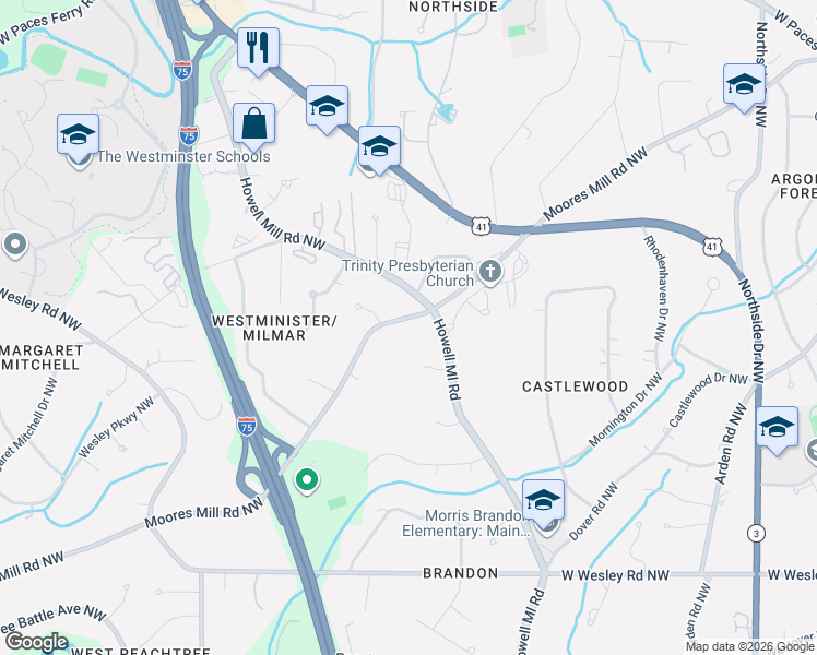 map of restaurants, bars, coffee shops, grocery stores, and more near 1056 Moores Mill Road Northwest in Atlanta