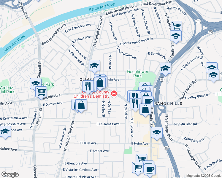 map of restaurants, bars, coffee shops, grocery stores, and more near 16661 Orange Avenue in Orange