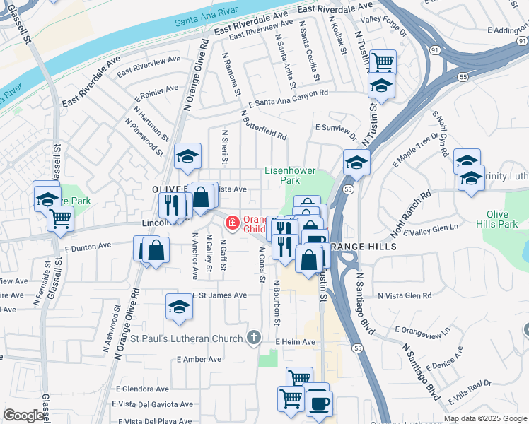 map of restaurants, bars, coffee shops, grocery stores, and more near 16742 East Main Street in Orange