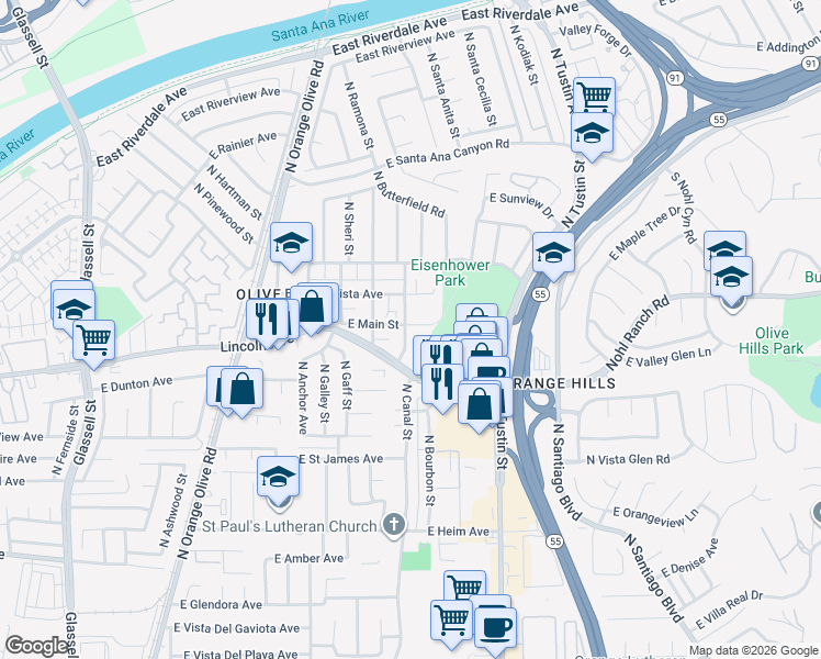 map of restaurants, bars, coffee shops, grocery stores, and more near 16737 East Main Street in Orange