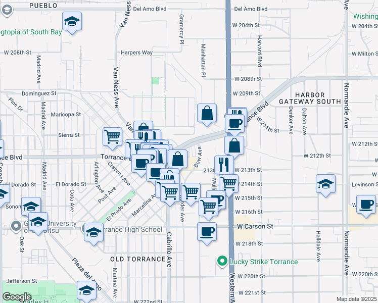 map of restaurants, bars, coffee shops, grocery stores, and more near 1844 Torrance Boulevard in Torrance