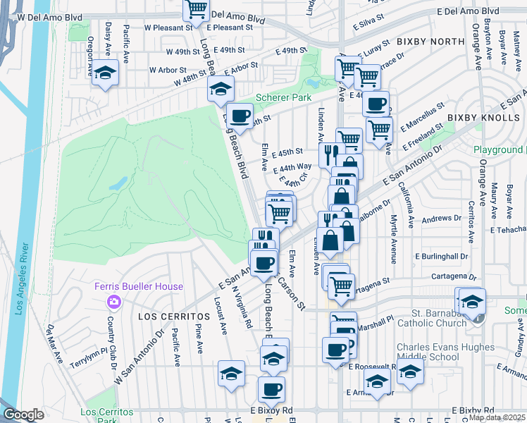 map of restaurants, bars, coffee shops, grocery stores, and more near 308 East 44th Street in Long Beach