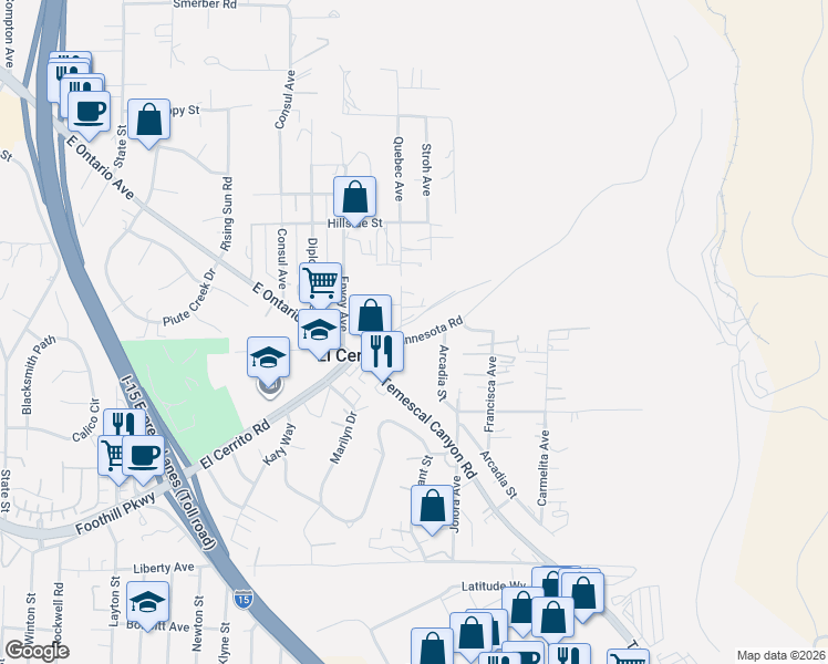 map of restaurants, bars, coffee shops, grocery stores, and more near 7890 Minnesota Road in Corona