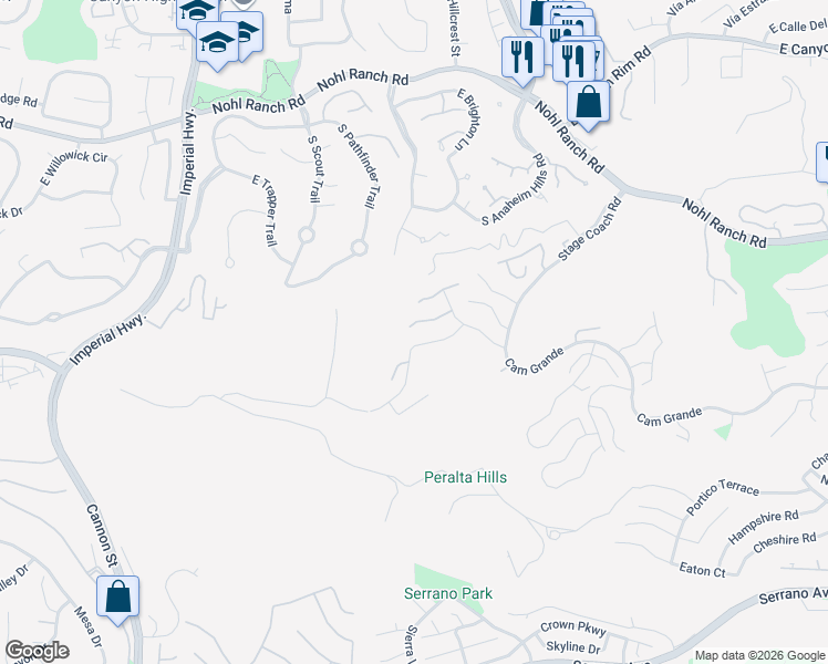 map of restaurants, bars, coffee shops, grocery stores, and more near 716 South Palomino Lane in Anaheim