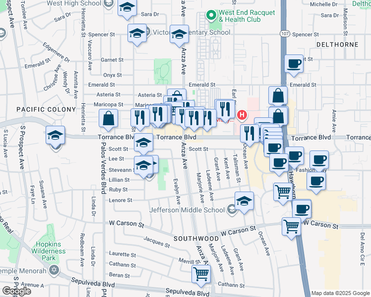 map of restaurants, bars, coffee shops, grocery stores, and more near 21210 Anza Avenue in Torrance