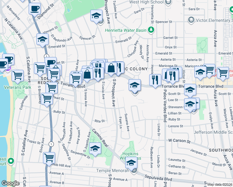 map of restaurants, bars, coffee shops, grocery stores, and more near 1102 Opal Street in Redondo Beach