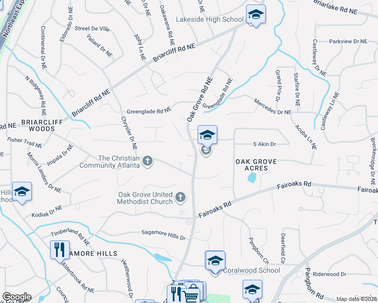 map of restaurants, bars, coffee shops, grocery stores, and more near 1867 Oak Grove Road Northeast in Atlanta