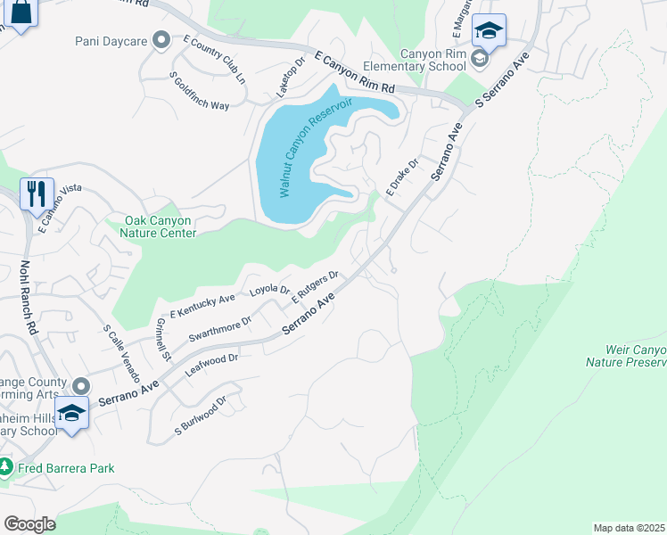 map of restaurants, bars, coffee shops, grocery stores, and more near 6975 East Rutgers Drive in Anaheim