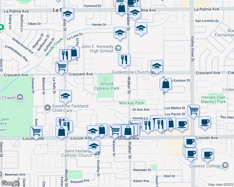 map of restaurants, bars, coffee shops, grocery stores, and more near 8648 Watson Street in Cypress