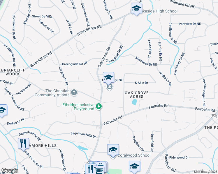 map of restaurants, bars, coffee shops, grocery stores, and more near 1857 Oak Grove Road Northeast in Atlanta