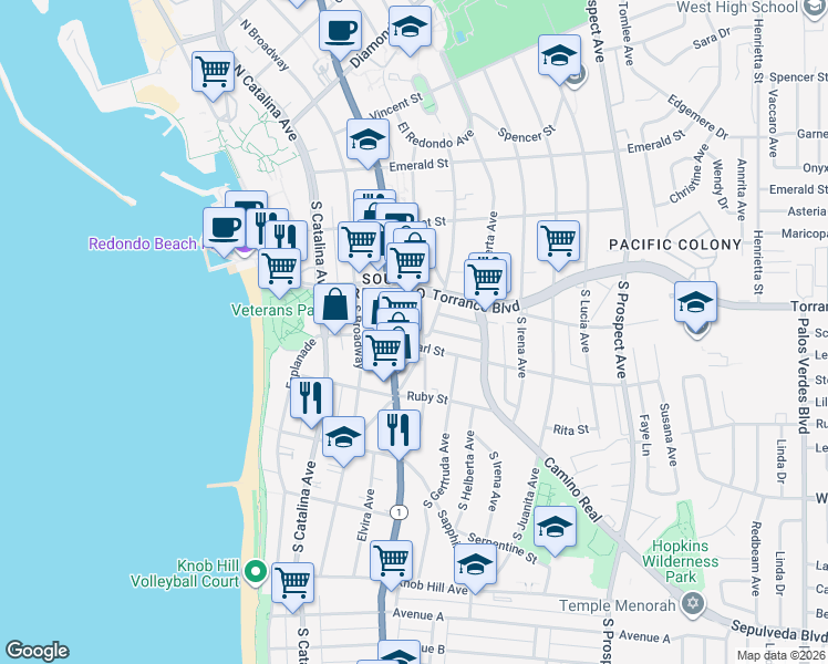 map of restaurants, bars, coffee shops, grocery stores, and more near 319 South Francisca Avenue in Redondo Beach