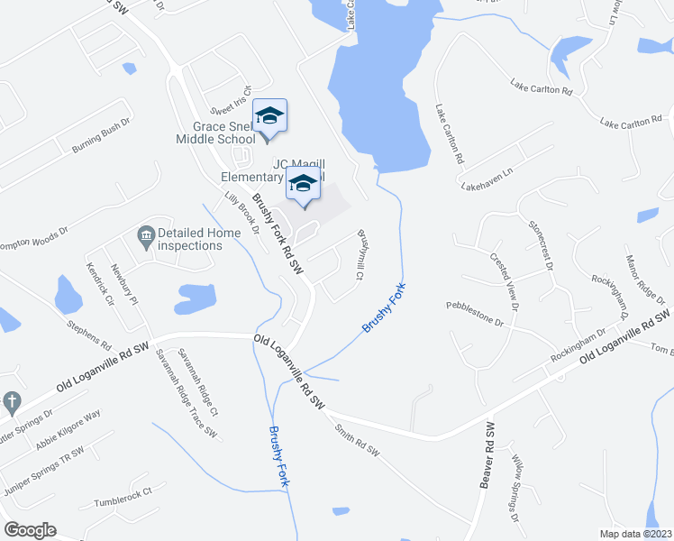 map of restaurants, bars, coffee shops, grocery stores, and more near Brushystone Drive in Loganville