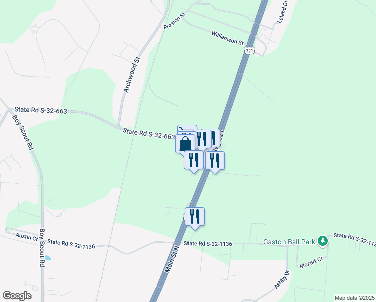 map of restaurants, bars, coffee shops, grocery stores, and more near 5204 U.S. 321 in Gaston