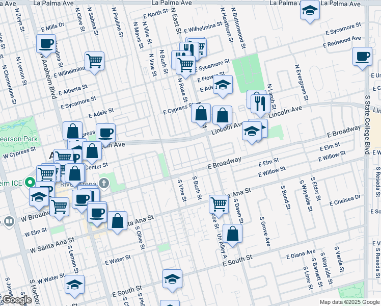 map of restaurants, bars, coffee shops, grocery stores, and more near 990 East Oak Street in Anaheim