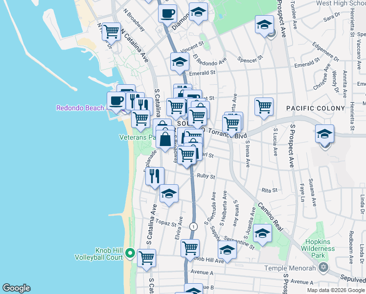 map of restaurants, bars, coffee shops, grocery stores, and more near 215 Pearl Street in Redondo Beach