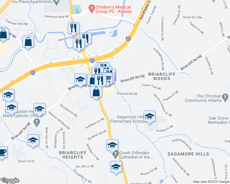map of restaurants, bars, coffee shops, grocery stores, and more near 1958 Innwood Road Northeast in Atlanta