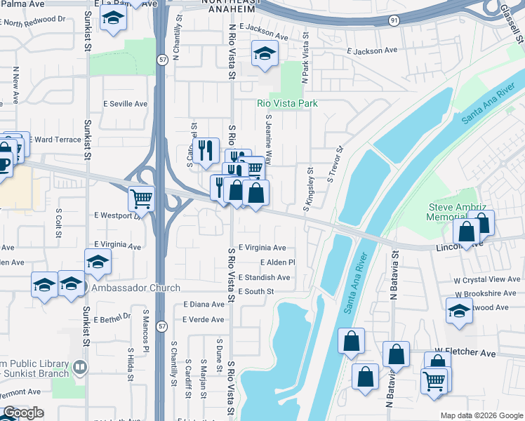 map of restaurants, bars, coffee shops, grocery stores, and more near 2841 East Lincoln Avenue in Anaheim