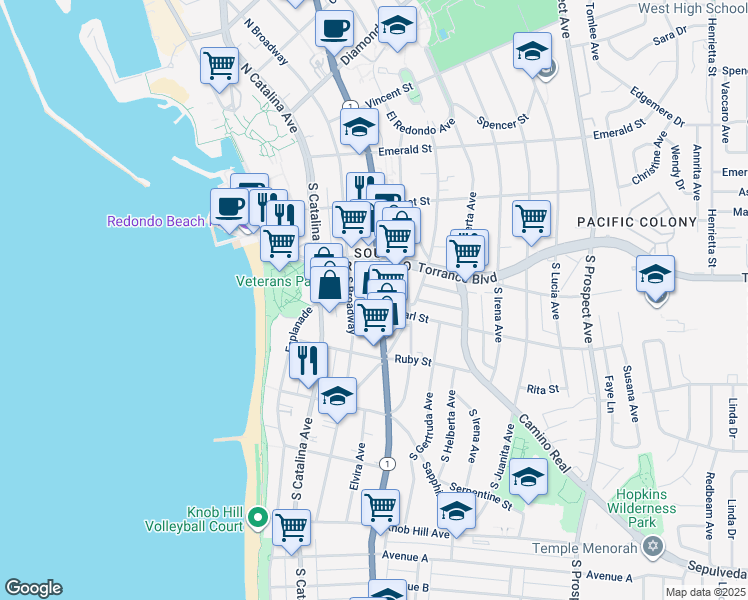 map of restaurants, bars, coffee shops, grocery stores, and more near 215 Pearl Street in Redondo Beach