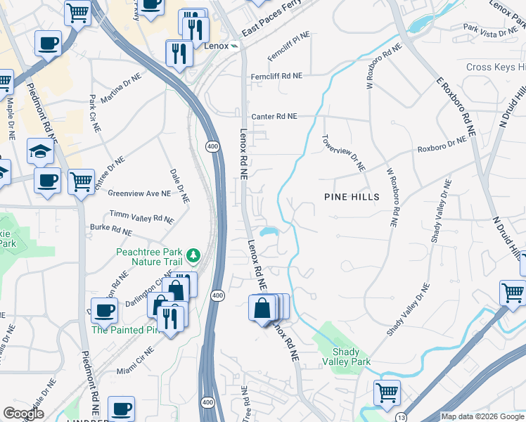 map of restaurants, bars, coffee shops, grocery stores, and more near 23203 Plantation Drive Northeast in Atlanta